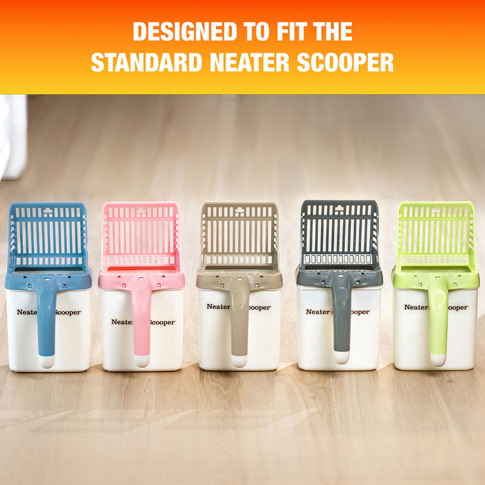 Picture of the Neater Scoopers in a line. Text on screen reads: Designed to fit the standard Neater Scooper.
