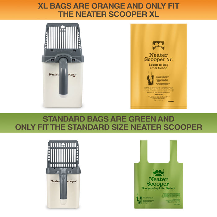 Neater Scooper Bag Compatibility. Top shows that the organe replacement bags fit the Neater Scooper XL and the green replacement bags fit the Neater Scooper original.