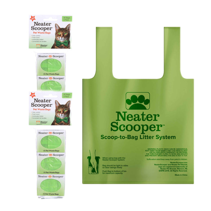 Two Neater Scooper Refill Bags in a package of three (90 bag count) on the left. On the right is a flat image of the bag when opened.