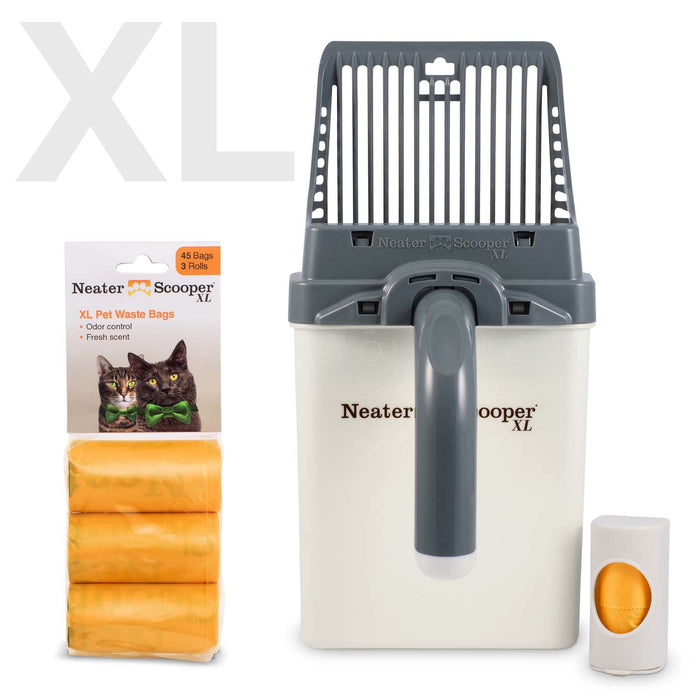 Neater Scooper XL Gray with 60 Bags and bag dispenser on a white background.