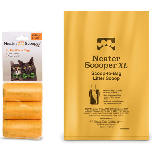 Image of the Neater Scooper XL Bags. One is laid flat to show the size and the other displays a pack of 3 rolls against a white background.