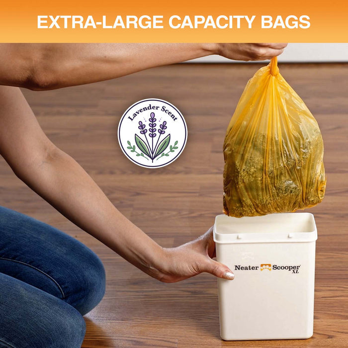 Person removing the bag from the Neater Scooper XL bin. A picture of a lavender plant is on the screen, showing that the bags have a lavender scent. Text on the screen reads: Extra-large capacity bags.
