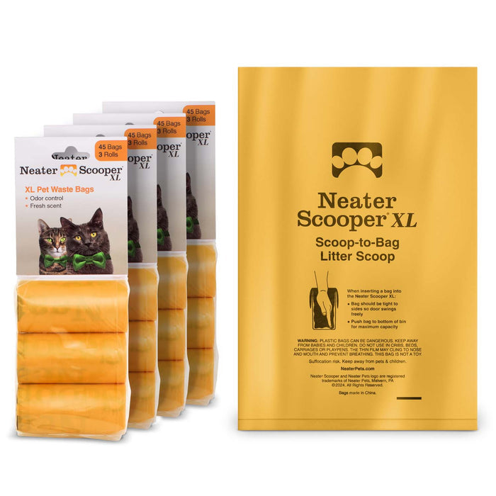Image of the Neater Scooper XL Bags. One is laid flat to show the size and the other displays a three-pack of 3 rolls against a white background.