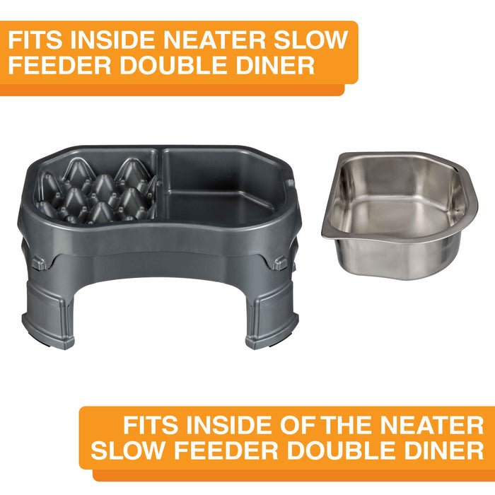 Neater Slow Feeder Double Diner next to the Stainless Steel Insert Bowl explaining that it can fit inside the feeder.