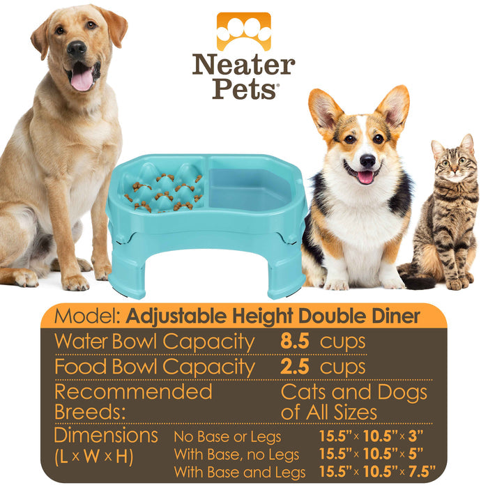 Chart displaying the water and food capacity and the dimensions with a large dog, a medium-sized dog, and a cat next to it.