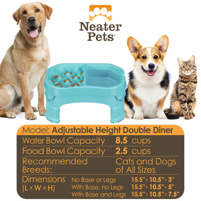 Chart displaying the water and food capacity and the dimensions with a large dog, a medium-sized dog, and a cat next to it.