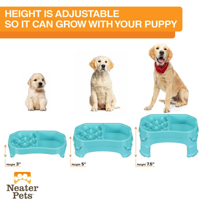 A diagram of a puppy, a young dog, and an adult dog next to the double diner in its different height adjustments, showing that it can grow with your dog.