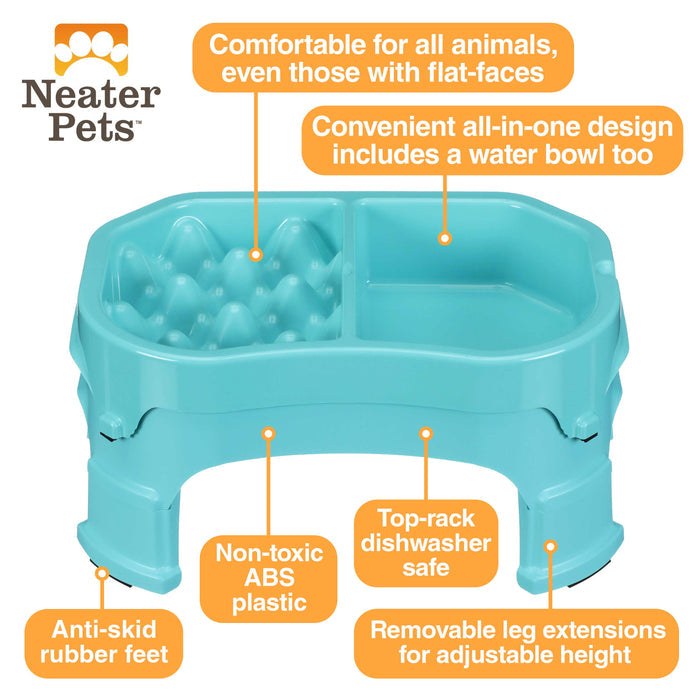 A picture of the raised Neater Slow Feeder Double Diner with arrows pointing to the benefits, which include: comfortable to eat from, non-toxic, anti-skid rubber feet, top-rack dishwasher safe, and an all-in-one water bowl.