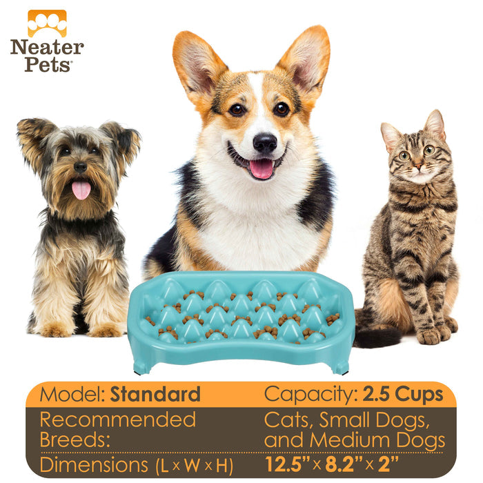 Dimensions and bowl capacity of the 2.5 cup Neater Slow Feeder with two dogs and a cat next to it.