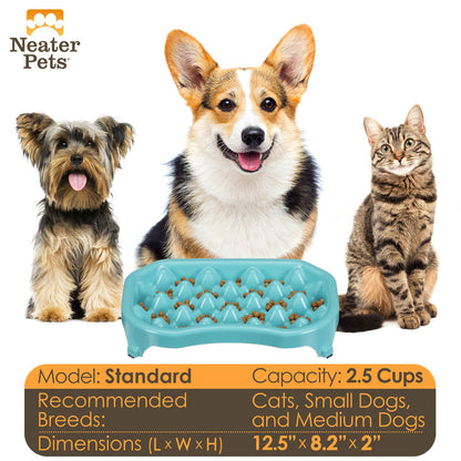 Dimensions and bowl capacity of the 2.5 cup Neater Slow Feeder with two dogs and a cat next to it.