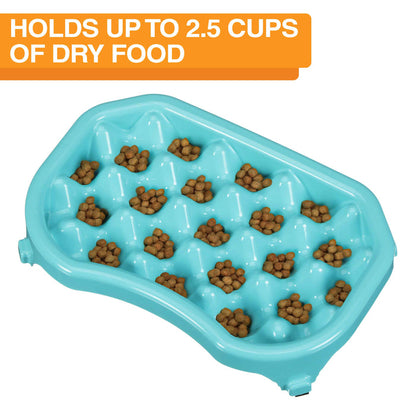 Image of the 2.5 cup Neater Slow Feeder on a white background. Text on screen reads: Holds up to 2.5 cups of dry food.