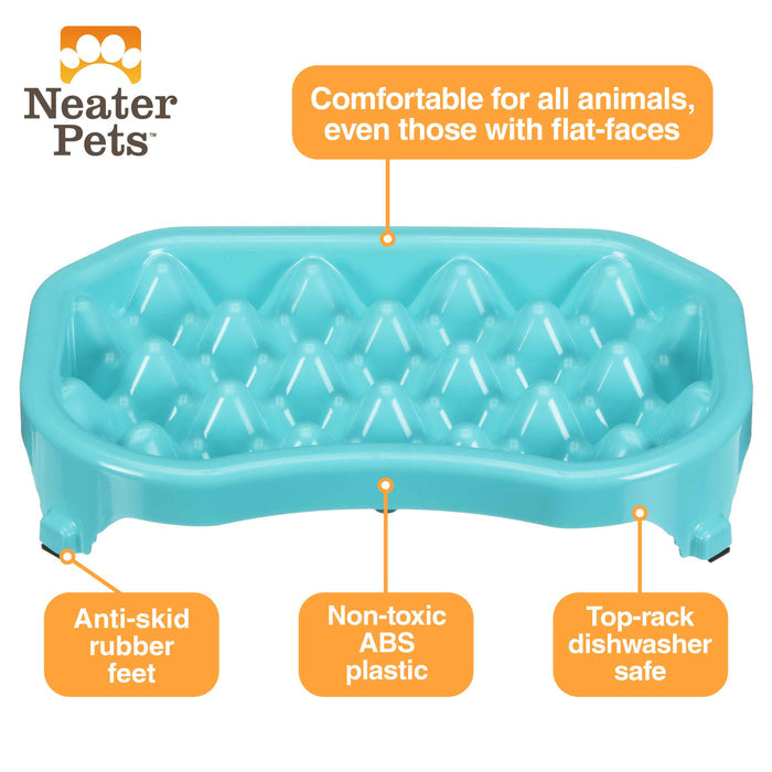 Diagram of the benefits of the Neater Slow Feeder, which include: comfortable for all animals, even those with flat-faces, anti-skid rubber feet, non-toxic ABS plastic, and top-rack dishwasher safe.