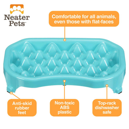 Diagram of the benefits of the Neater Slow Feeder, which include: comfortable for all animals, even those with flat-faces, anti-skid rubber feet, non-toxic ABS plastic, and top-rack dishwasher safe.
