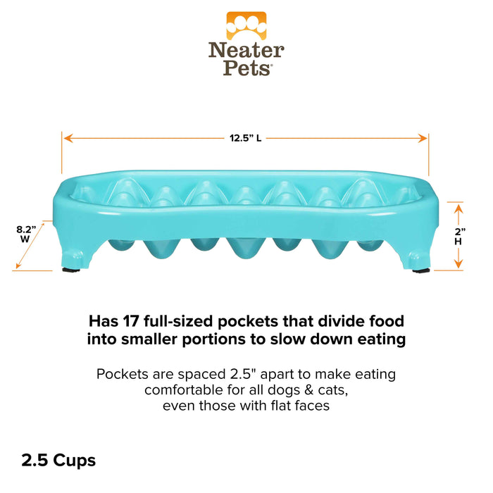 Side view of the 2.5 cup Neater Slow Feeder showing the dimensions. Text on screen reads: Has 17 full-sized pockets that divide food into smaller portions to slow down eating. Pockets are spaced 2.5" apart to make eating comfortable for all dogs & cats, even those with flat faces.