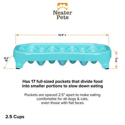 Side view of the 2.5 cup Neater Slow Feeder showing the dimensions. Text on screen reads: Has 17 full-sized pockets that divide food into smaller portions to slow down eating. Pockets are spaced 2.5" apart to make eating comfortable for all dogs & cats, even those with flat faces.