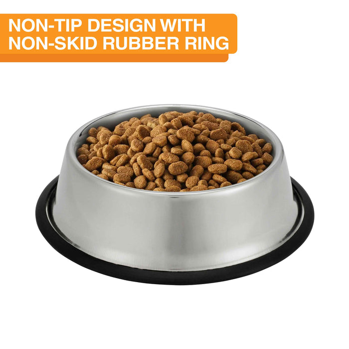 Side view of the 32 ounce non-tip stainless steel bowl with food inside. Text on screen reads "Non-tip design with non-skid rubber ring."