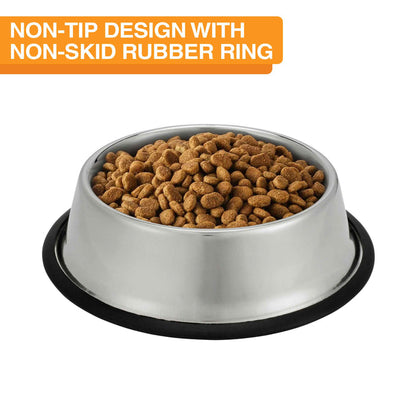 Side view of the 32 ounce non-tip stainless steel bowl with food inside. Text on screen reads "Non-tip design with non-skid rubber ring."