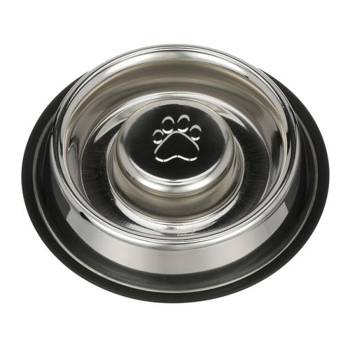 Non-Tip Stainless Steel Slow Feed Bowl top view against a white background.