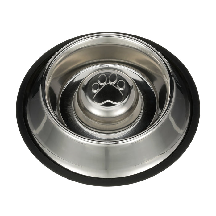 Non-Tip Stainless Steel Slow Feed Bowl top view against a white background.
