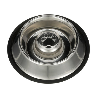Non-Tip Stainless Steel Slow Feed Bowl top view against a white background.