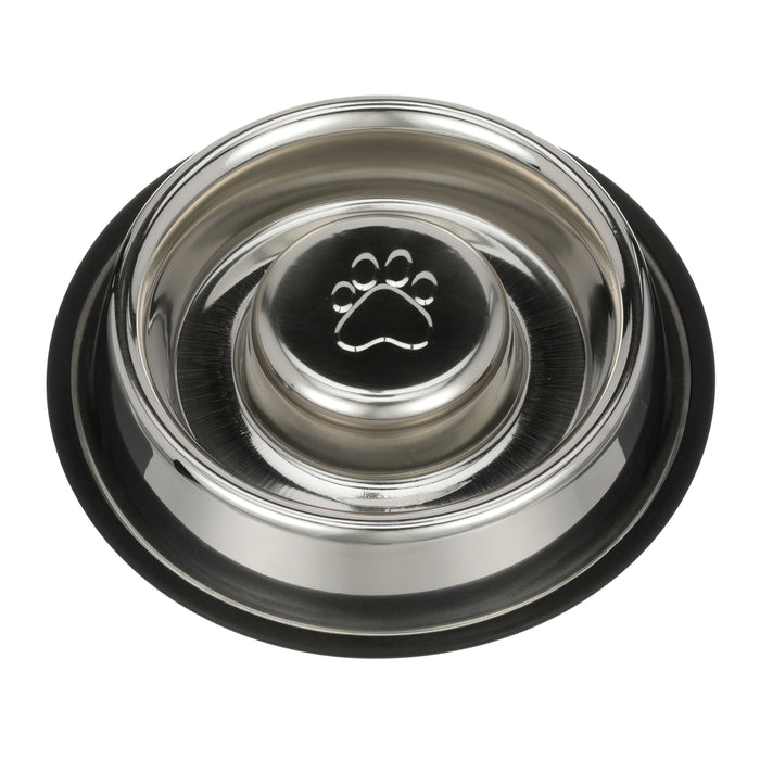 Non-Tip Stainless Steel Slow Feed Bowl top view against a white background.
