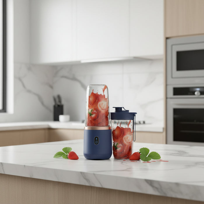 Portable USB rechargeable blender with strawberries inside and on the countertop.