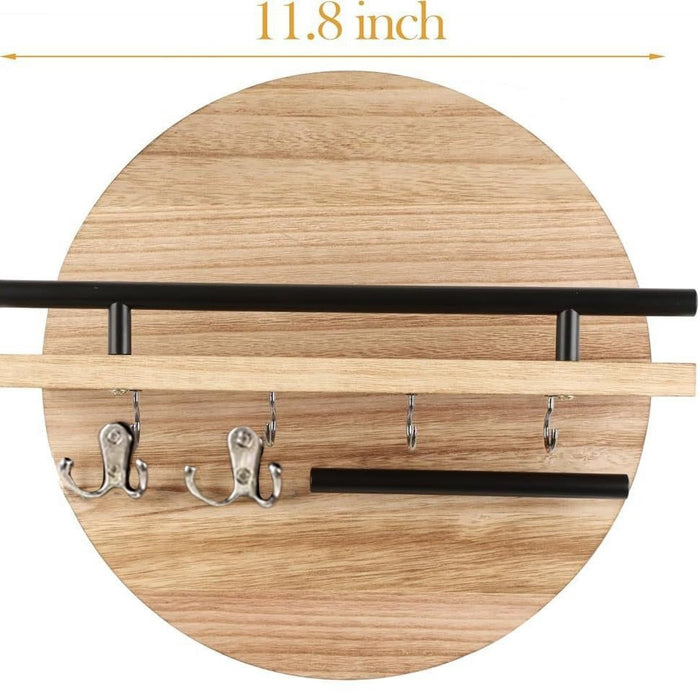 Light brown round wooden wall shelf with metal rails and hooks measuring 11.8 inches wide