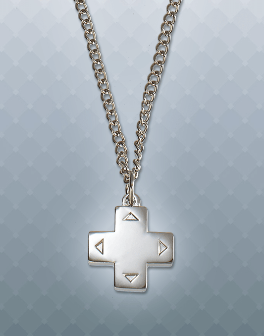 A picture of the pendant and necklace. It is silver in color. The pendant is in the shape of a d-pad, with directional arrows relieved onto the front of the "buttons."