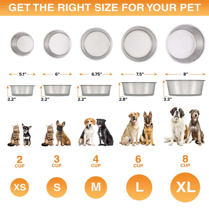 Dog and cat bowls with measurements and size chart for pets. There is a top view and a side view for the bowls as well as breeds to show size.