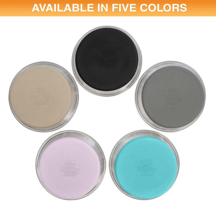 The bottom of the five silicone bottom bowls showing off the different colors: black, gray, teal, pink, and tan on a white background.