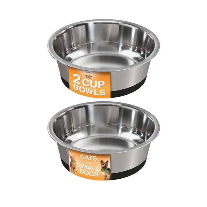 Two stainless steel pet bowls with labels for cats and small dogs on a white background