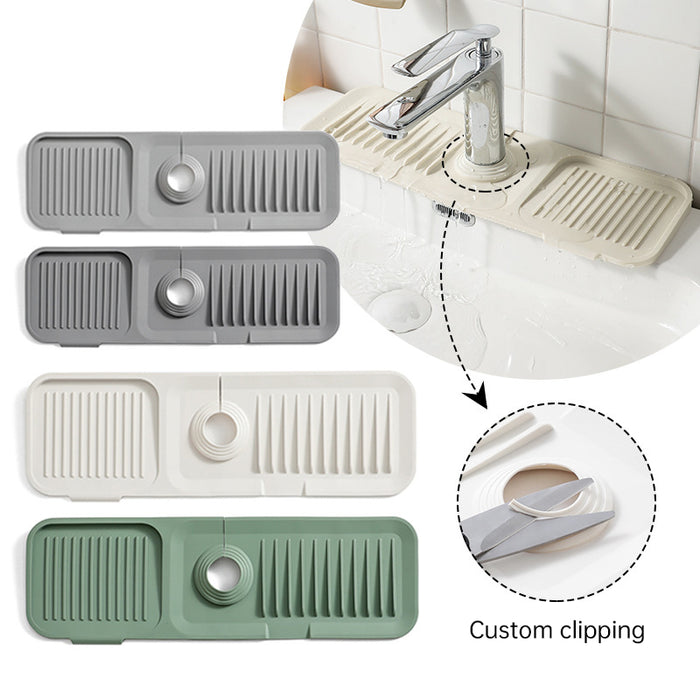Silicone faucet splash guards shown in multiple colors with an adjustable faucet opening