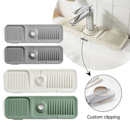 Silicone faucet splash guards shown in multiple colors with an adjustable faucet opening