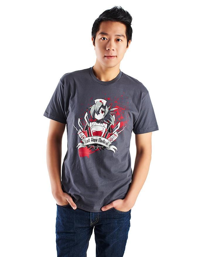 An image of the Valentine Shirt. It is printed on a grey tee, and features a bloody illustration of Valentine surrounded by scalpels, syringes, and a blood bag. Beneath her, it reads, "Last Hope Medical."