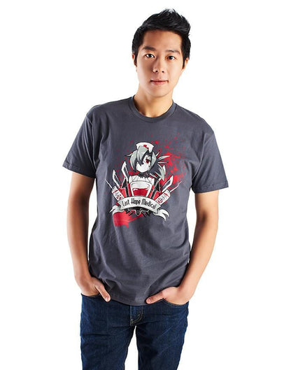 An image of the Valentine Shirt. It is printed on a grey tee, and features a bloody illustration of Valentine surrounded by scalpels, syringes, and a blood bag. Beneath her, it reads, "Last Hope Medical."