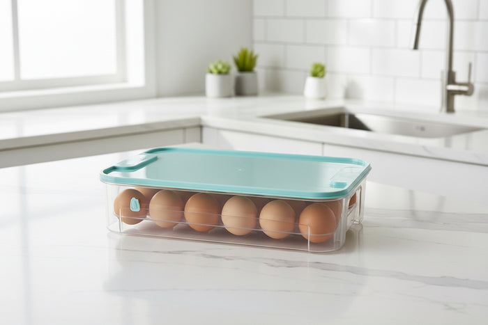 Clear egg storage box filled with eggs and covered with a blue lid on a white kitchen countertop.