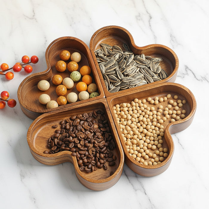 Heart-shaped wooden serving tray with divided compartments filled with nuts and snacks