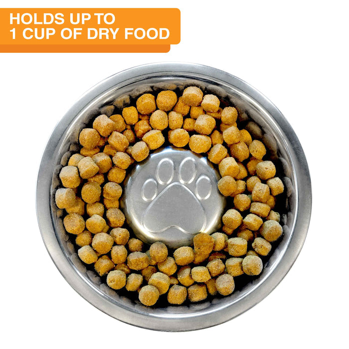 Medium Stainless Steel Slow Feed Replacement Bowl for Neater Feeder full of dog food. Text on screen reads: Holds up to 1 cup of dry food.