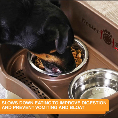 Dog eating out of a Stainless Steel Slow Feed Replacement Bowl inside a bronze Neater Feeder Deluxe. Text on screen reads: Slows down eating to improve digestion and prevent vomiting and bloat.