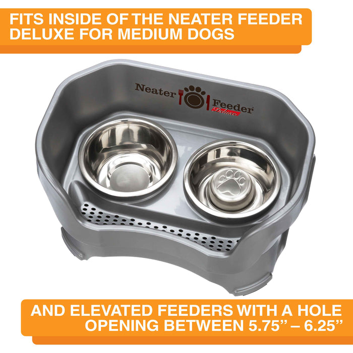 Medium Stainless Steel Slow Feed Replacement Bowl for Neater Feeder inside of a Medium Deluxe gunmetal gray Neater Feeder on a white background. Text on screen says: Fits inside of the Neater Feeder Deluxe for medium dogs and elevated feeders with a hole opening between 5.75" - 6.25".
