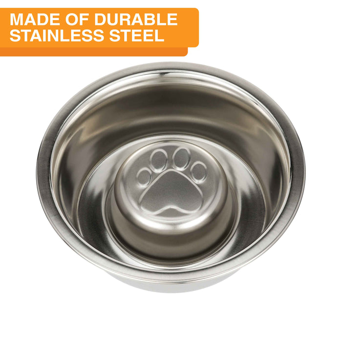 Stainless Steel Slow Feed Replacement Bowl for Neater Feeder on a white background. Text on screen reads: Made of durable stainless steel.