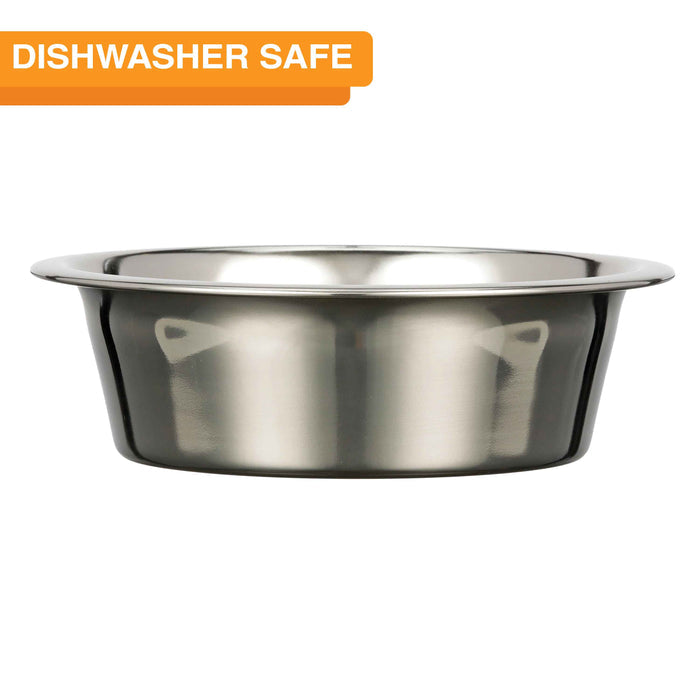 Stainless Steel Slow Feed Replacement Bowl for Neater Feeder side view on a white background. Text on screen reads: Dishwasher safe.