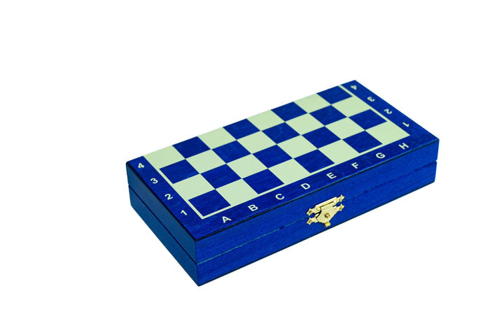 Szachy drewniane MAGNETYCZNE mini (20cm) - niebieskie