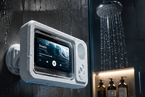 Waterproof electronic device with screen and buttons on a shower wall.