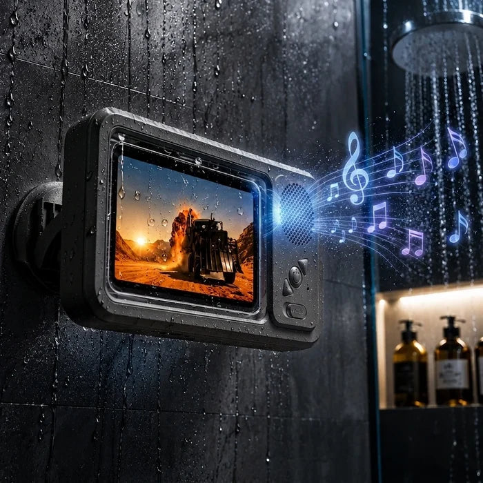 Wall-mounted waterproof phone holder with Bluetooth speaker positioned beside a shower with water droplets on the surface