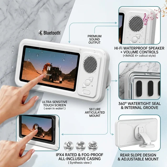 Waterproof shower phone holder showing touchscreen controls, Bluetooth speaker, watertight seal, and adjustable wall mount