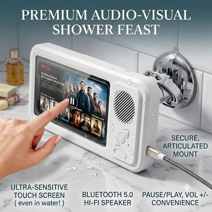 Waterproof shower phone holder with touch-sensitive screen, Bluetooth speaker, volume controls, and adjustable mounting bracket