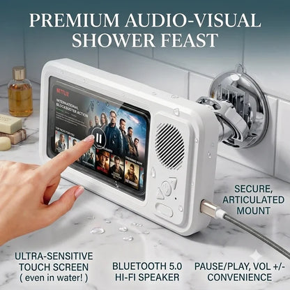Waterproof shower phone holder with touch-sensitive screen, Bluetooth speaker, volume controls, and adjustable mounting bracket