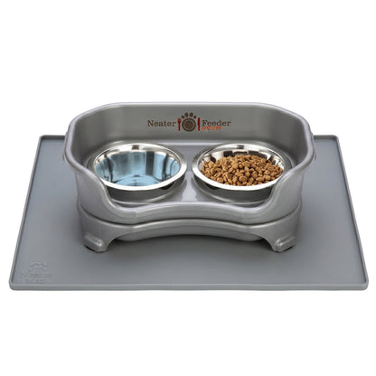 Gray Neater Feeder Express elevated pet bowl set with stainless steel food and water bowls, shown on a matching gray Neater Mat.