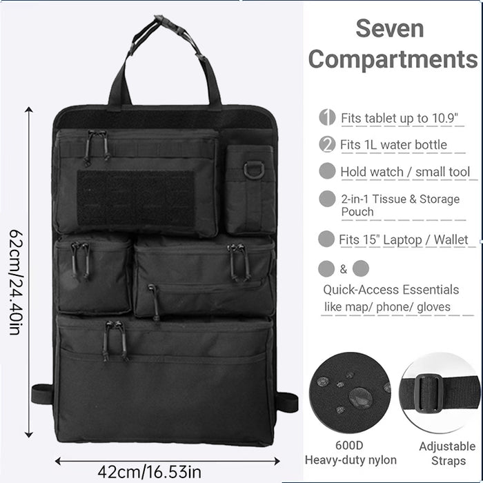 Black car seat back organizer showing storage pockets, adjustable straps, heavy-duty nylon construction, and 42 by 62 centimeter size